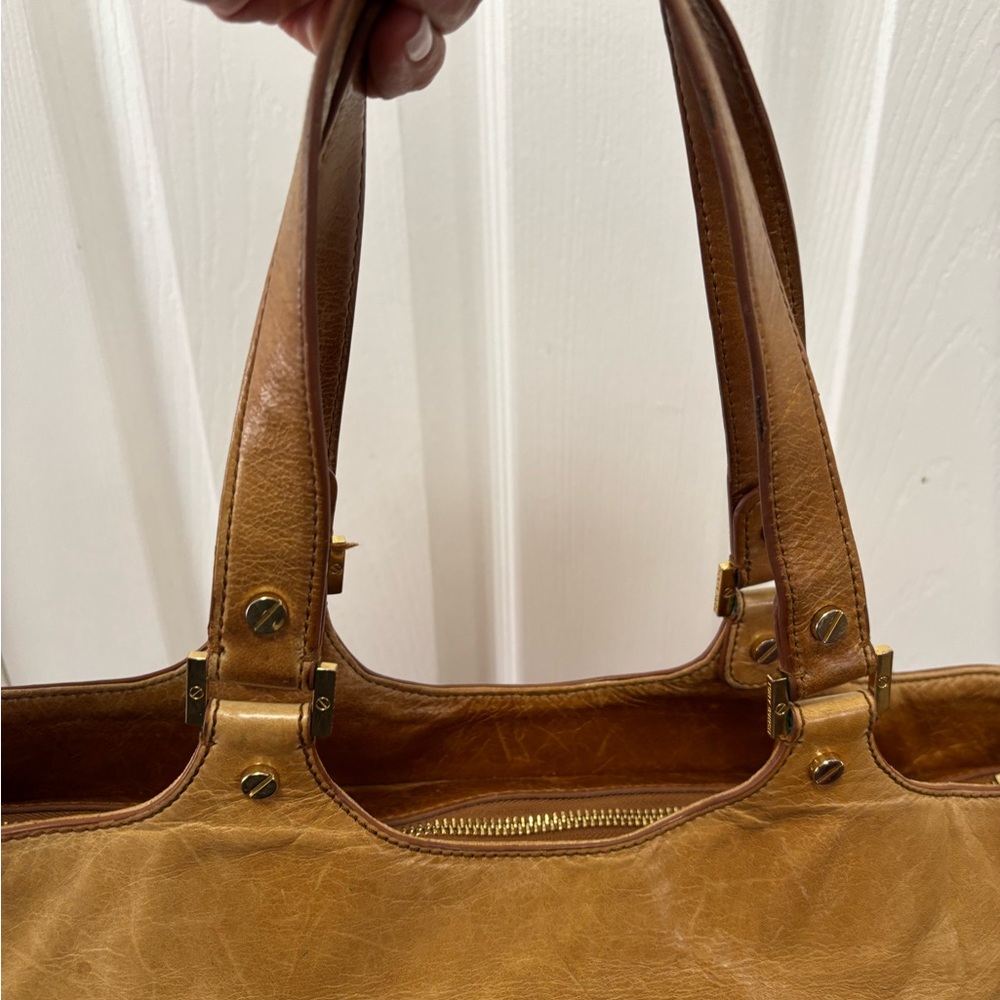 Tory Burch Bombe Glazed Leather Tote in Royal Tan EUC - Picture 15 of 16